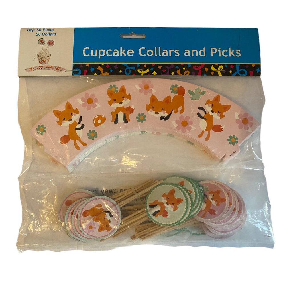Fox Themed Cupcake 50 Collars &‎ Picks Baby Shower Birthday Party NEW